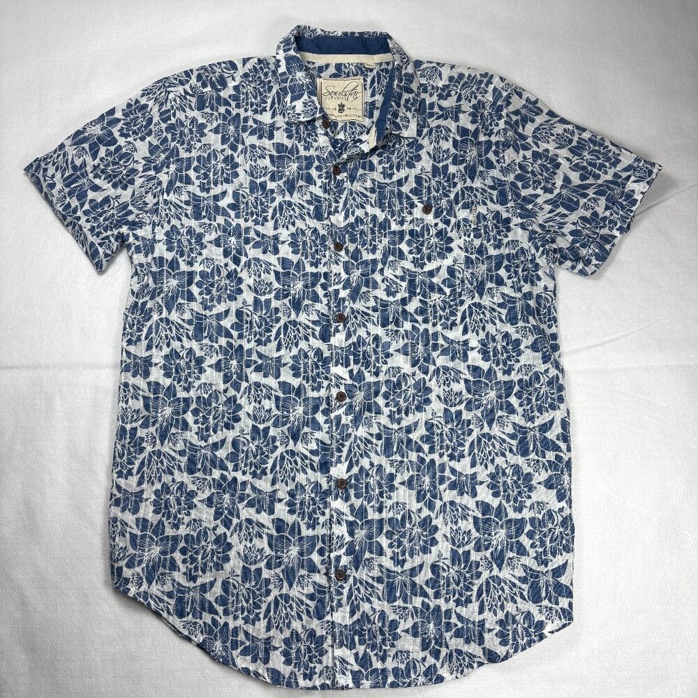 Soul Star Men’s Floral Print Button Short Shirt Blue/White Hawaiian Botanical M